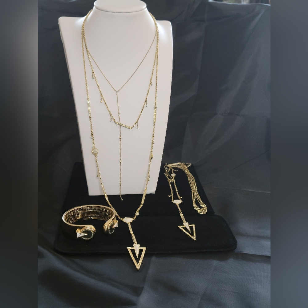 House of Harlow 1960 2 Triple Gold Chain W/Triangle Pendant, Gold Cuff Bracelet
